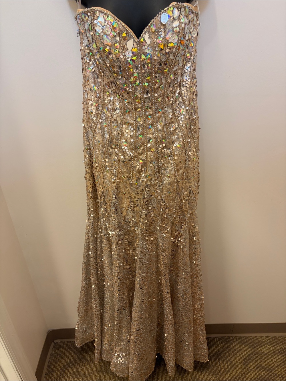 Tony Bowls Strapless Gold Sequin Evening Gown